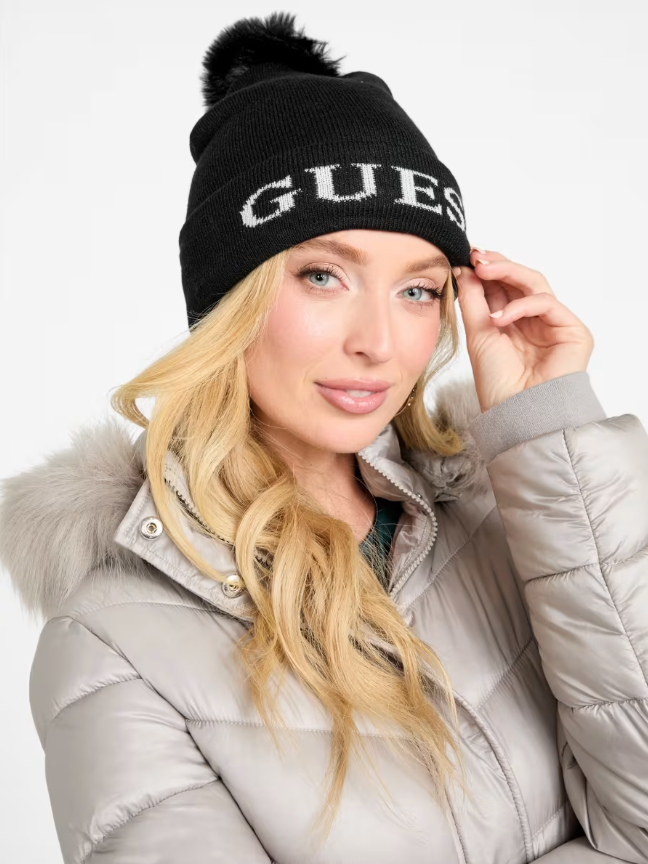 GUESS GORRO POM POM LOGO - BLACK