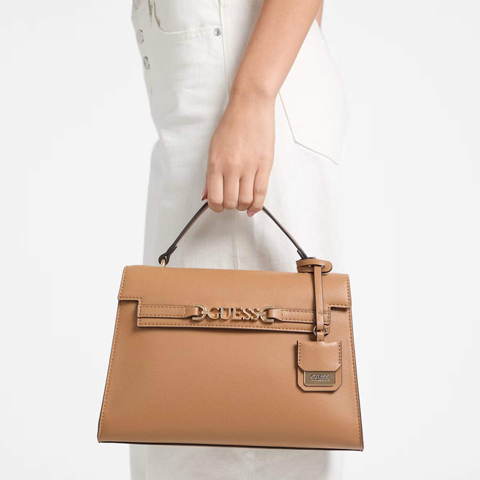 GUESS CARTERA SATCHEL RHIANNON SADDLE TAN