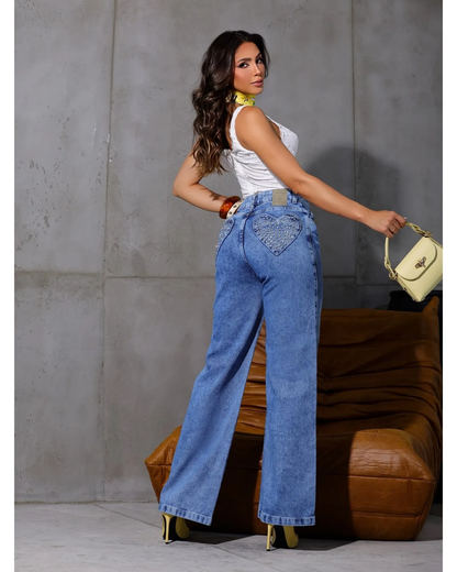 PANTALON JEANS WIDE LEG GLITTER HEART